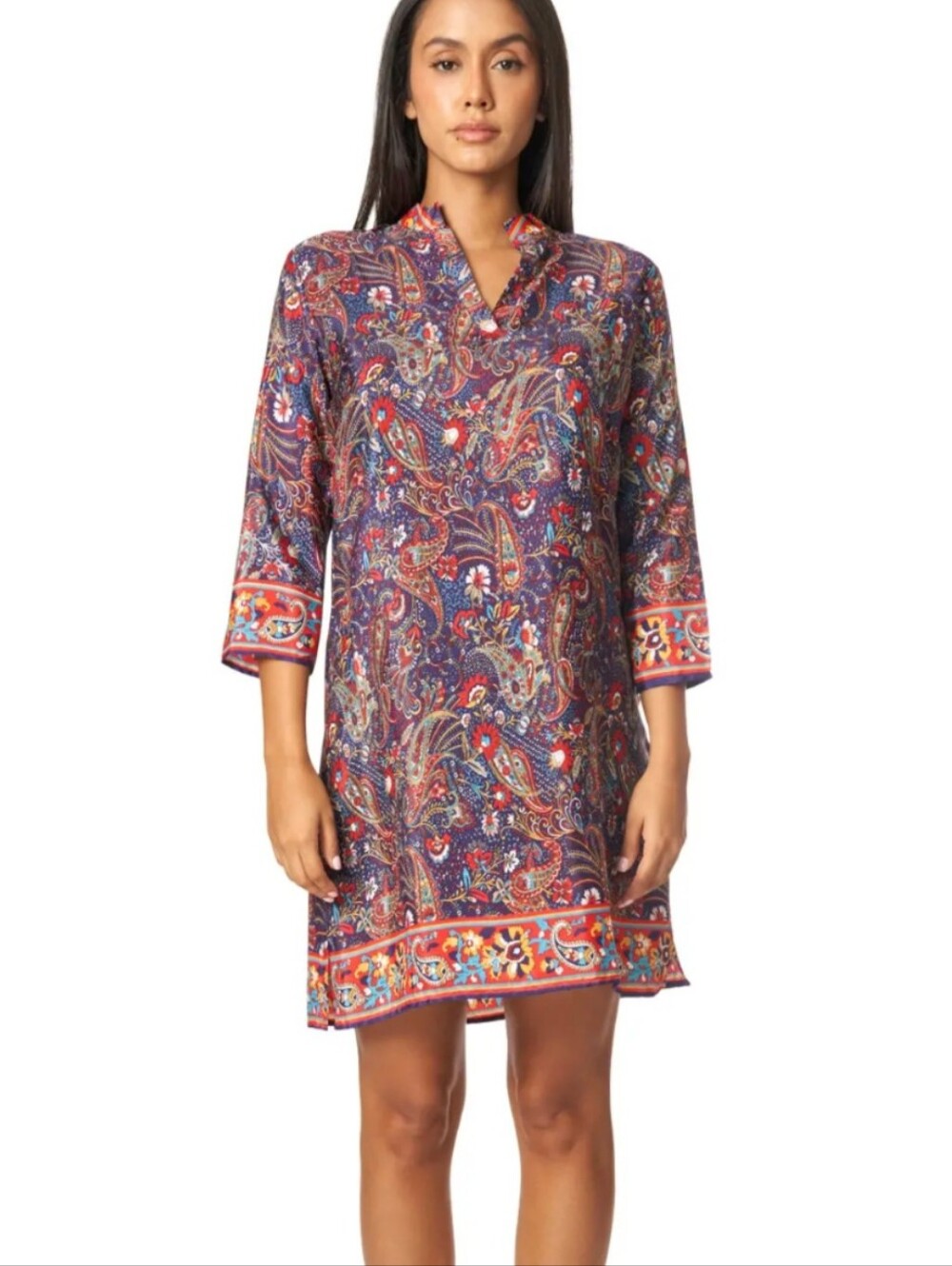 La Moda Paisley Tunic Midi Dress Resort Vacation Beach Boho L/XL